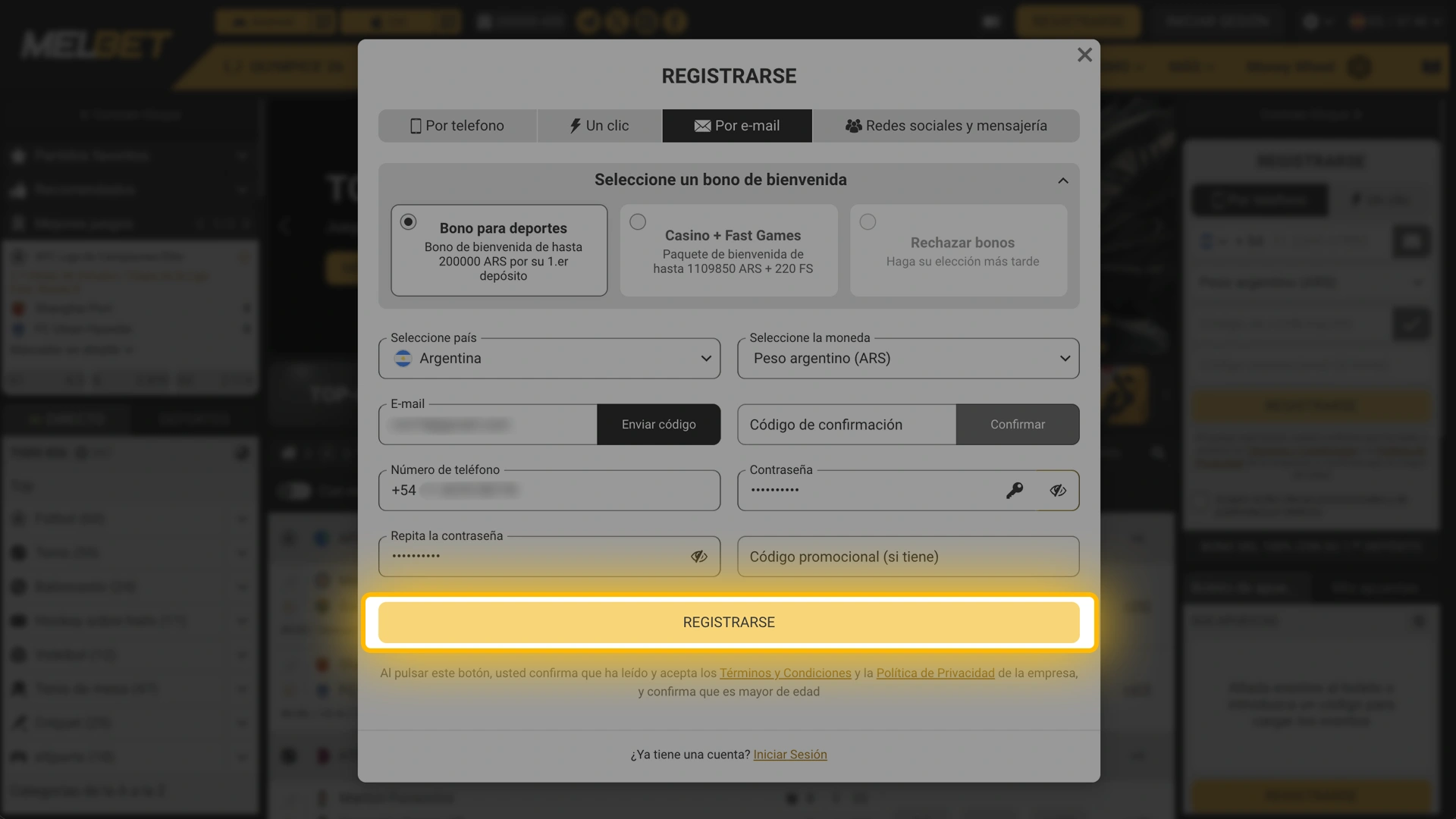 Finalizá el proceso y verificá tu casilla de mail para activar tu perfil de usuario en Melbet.