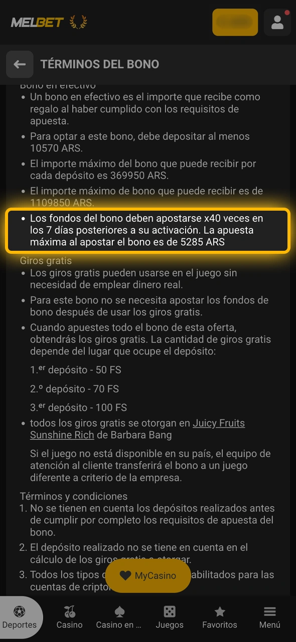 Seguí las condiciones de rollover necesarias para liberar las ganancias del bono en Melbet.
