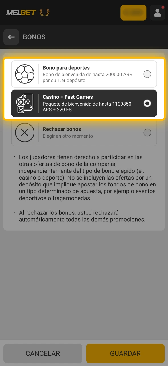 Seleccioná entre la promoción para deportes o para casino al registrarte en Melbet.