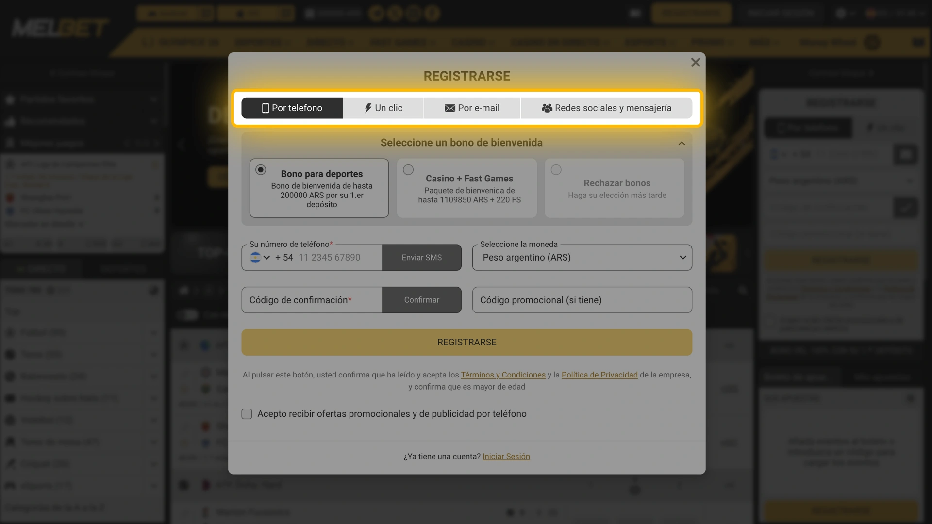 Seleccioná el método de alta que prefieras y completá el formulario inicial de Melbet.
