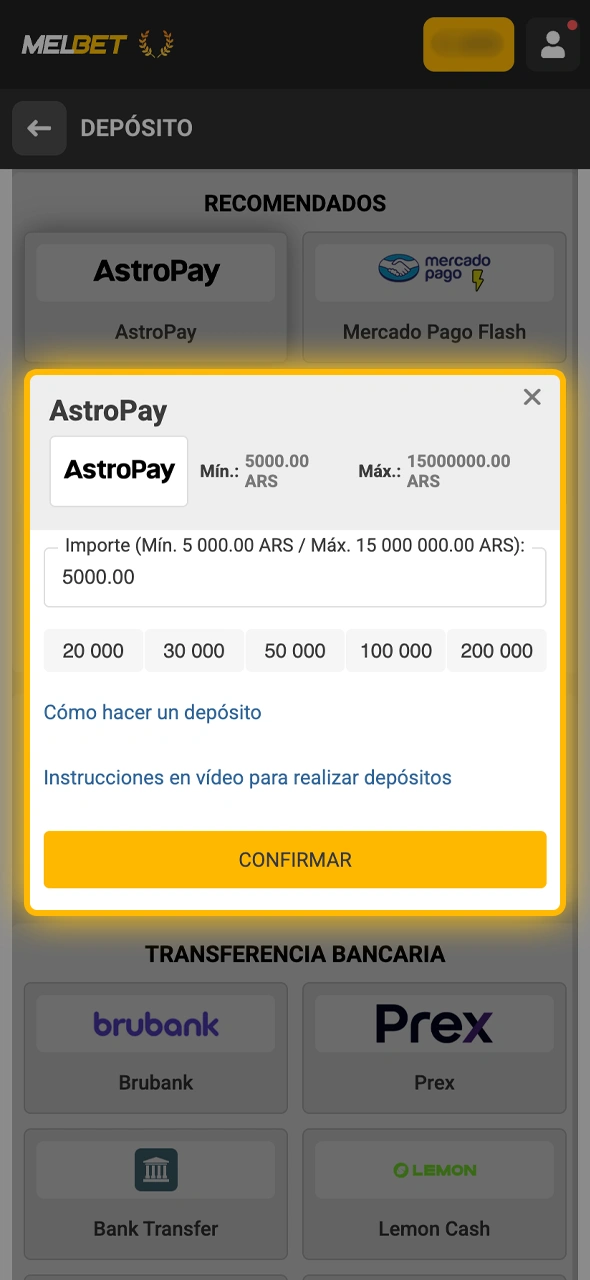 Cargá saldo por primera vez en tu cuenta de Melbet para disparar la activación del bono.