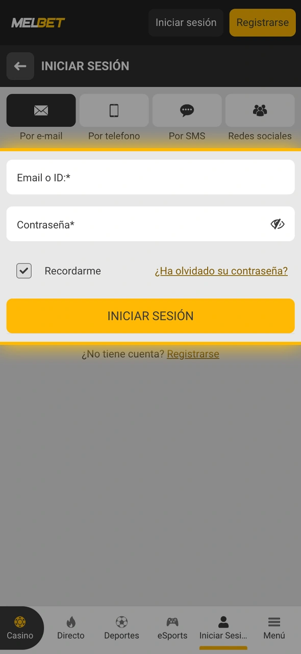 Iniciá sesión con tus credenciales en la plataforma oficial o aplicación móvil de Melbet.