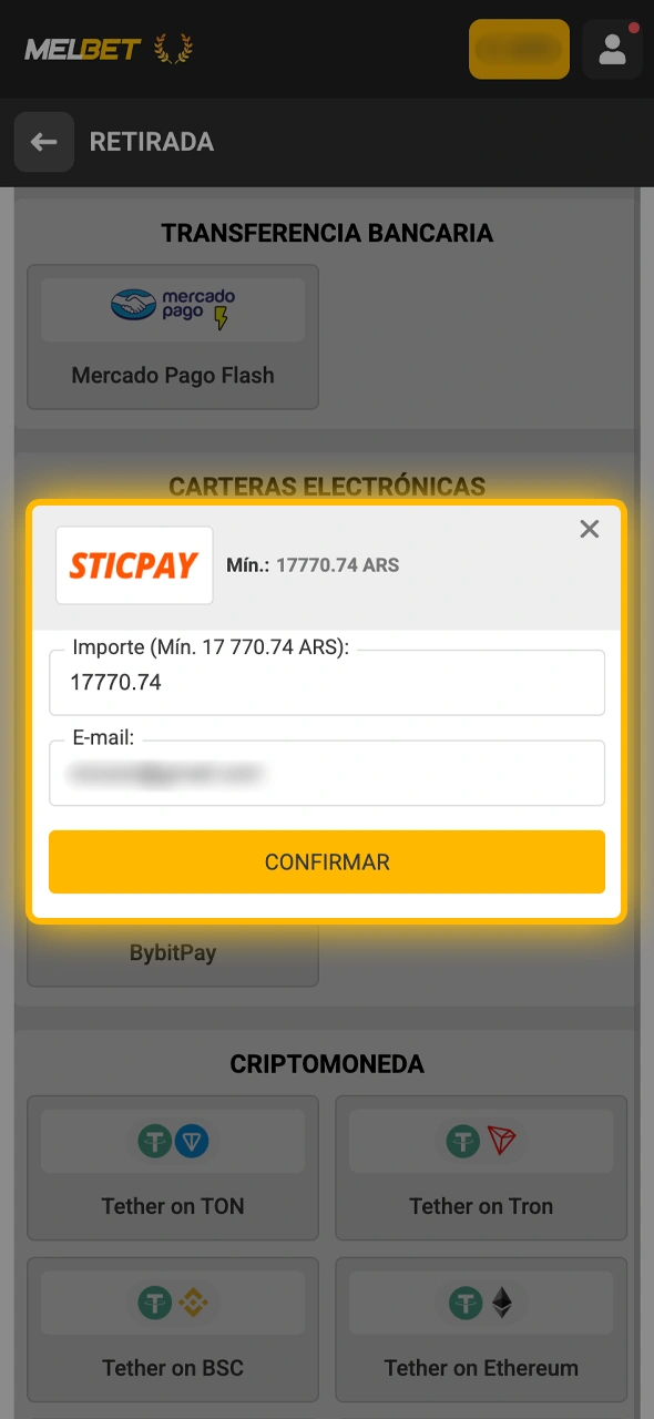 Ingresá la cantidad de dinero que deseás retirar y validá la solicitud en el sistema de Melbet.