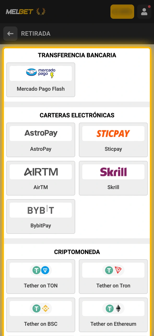 Seleccioná la opción de cobro que prefieras, como transferencia bancaria o billetera virtual, en Melbet.