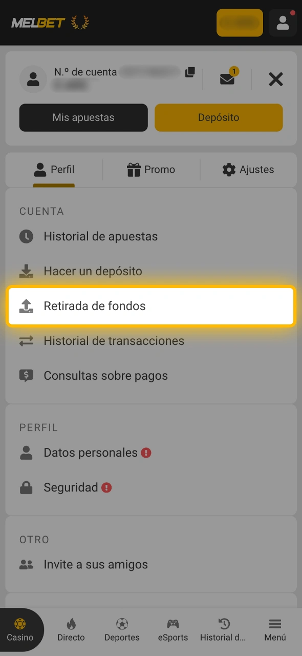 Dirigite al apartado de gestión de fondos dentro de tu perfil de usuario en Melbet.