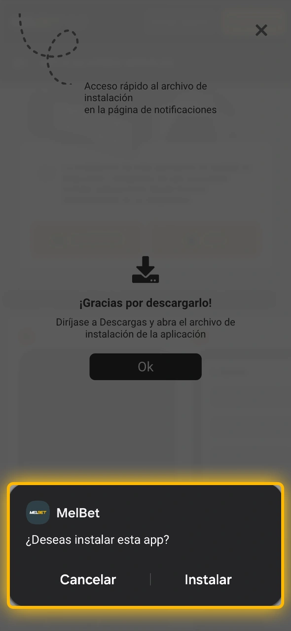 Bajá el archivo oficial y completá la instalación de la aplicación Melbet en tu dispositivo.