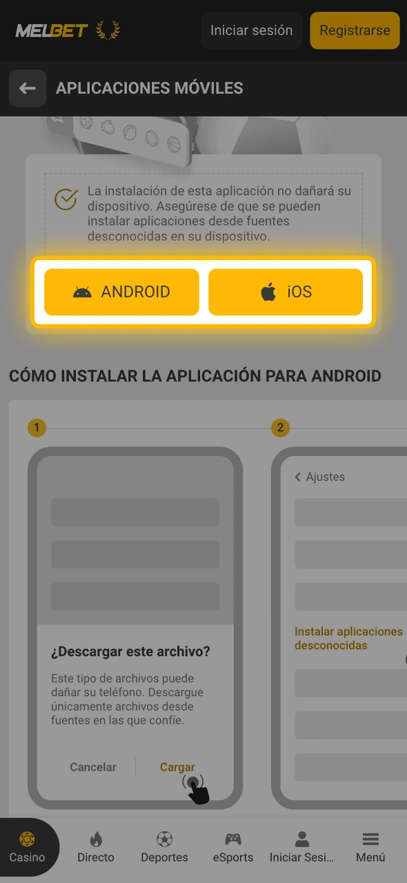 Seleccioná la descarga de Melbet correspondiente a tu sistema operativo Android o iOS.