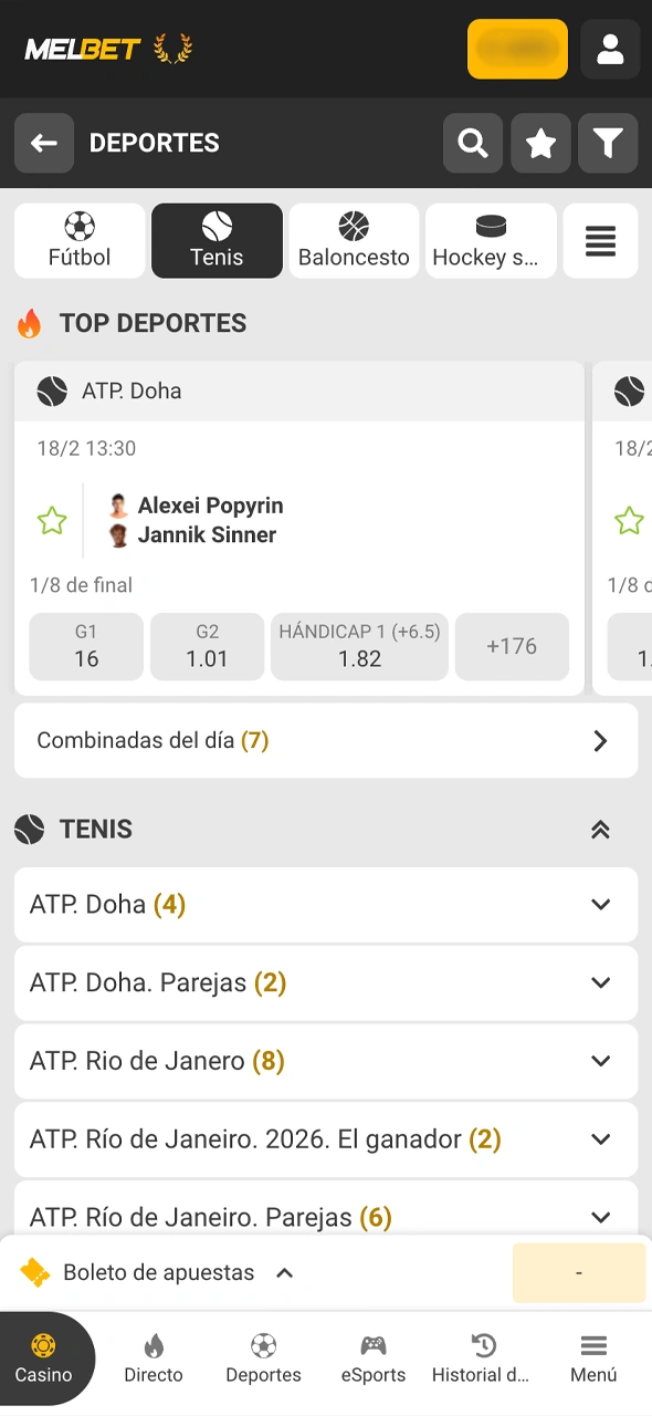 Entrá a tu perfil de Melbet y accedé a todos los mercados de tenis disponibles.