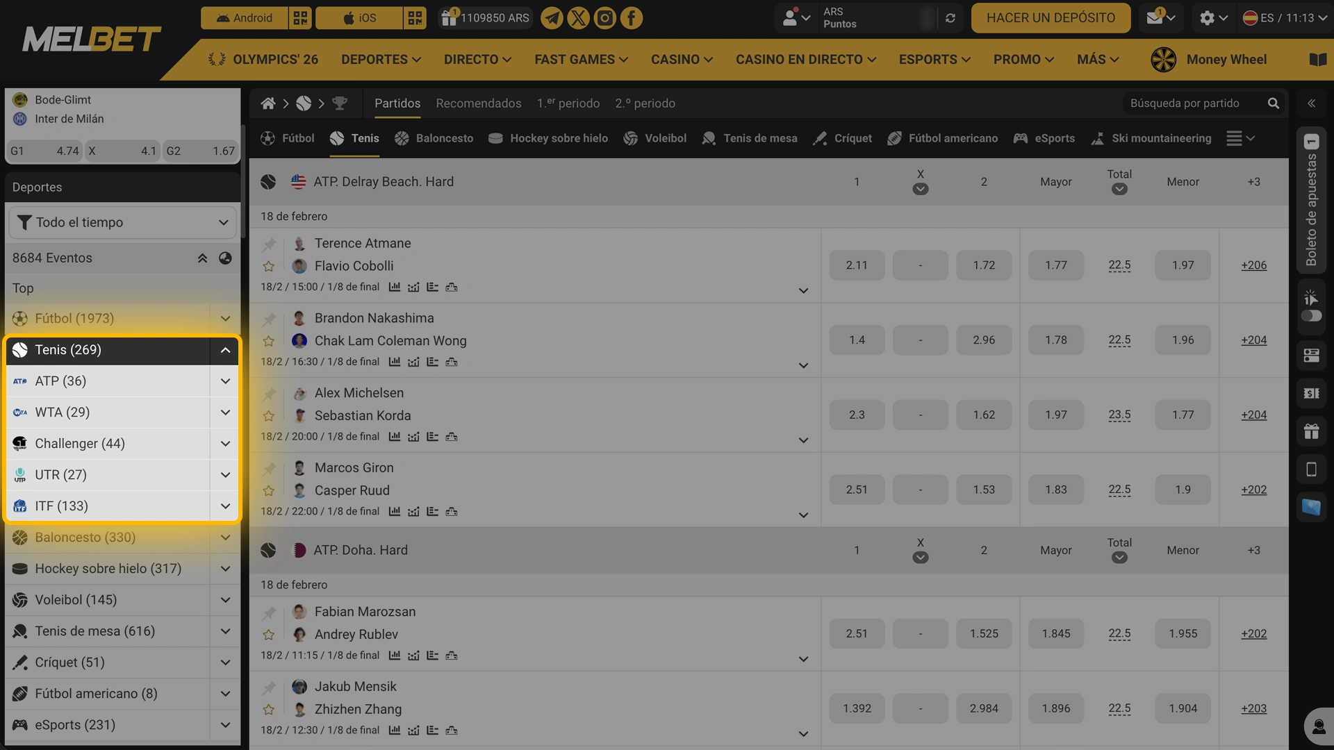 Navegá por el menú de deportes de Melbet hasta encontrar la categoría de tenis.