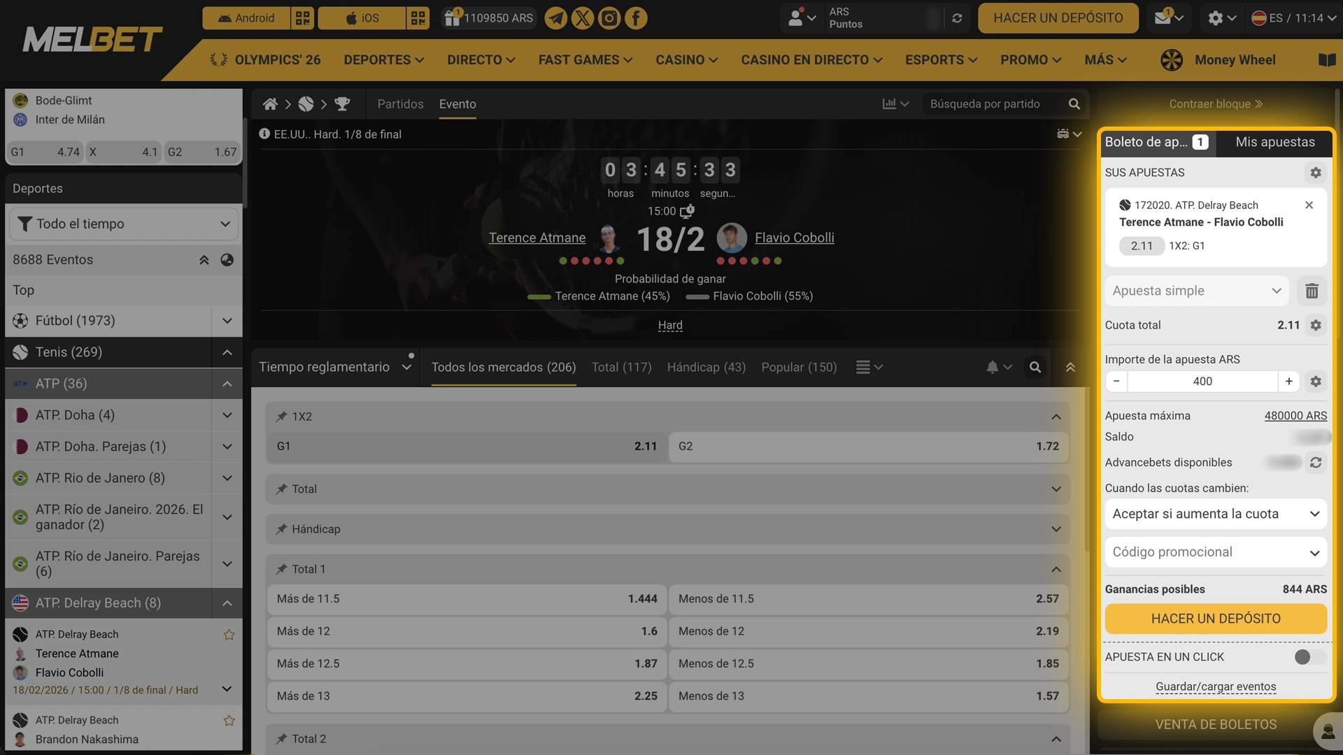 Definí cuánto vas a jugar y validá tu cupón de tenis en el sistema de Melbet.