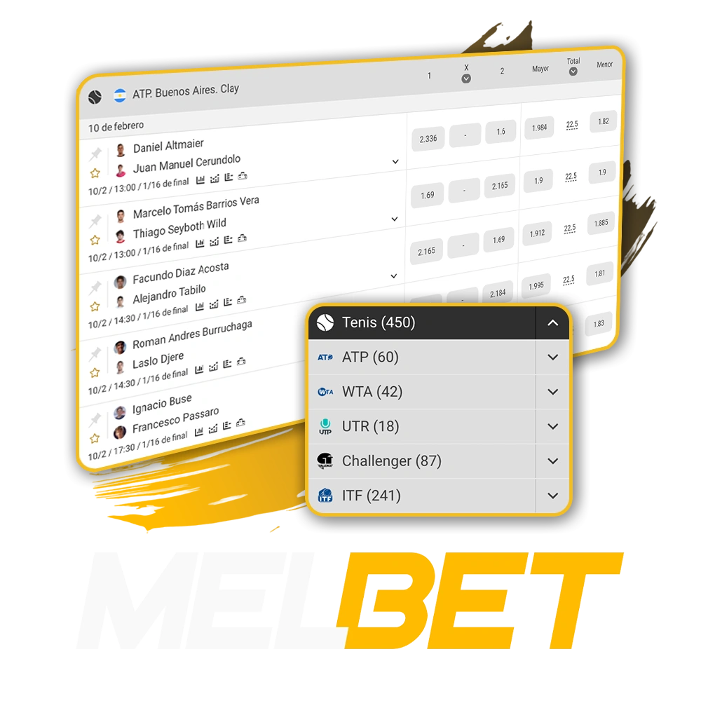 Explorá todos los eventos del circuito ATP y WTA disponibles para apostar en el menú de Melbet.