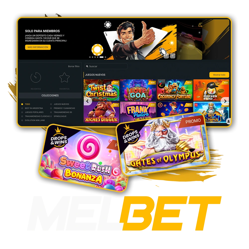 Explorá el catálogo completo de tragamonedas y juegos de azar disponibles en el menú superior de Melbet.